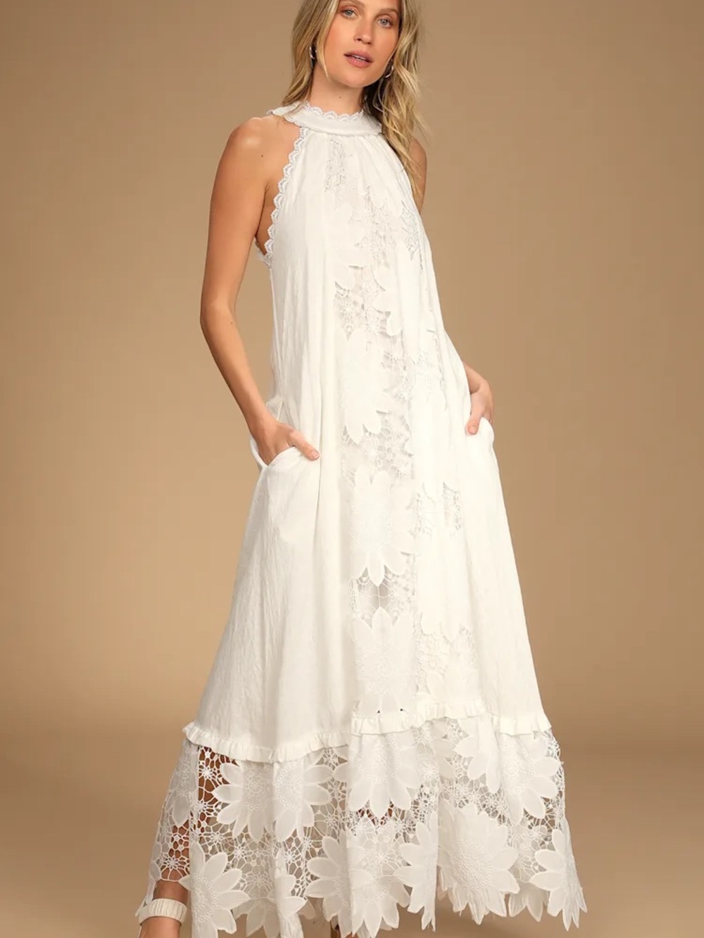 Lulu’s Sweet Sundays White Lace Sleeveless Halter Neck Maxi Dress
